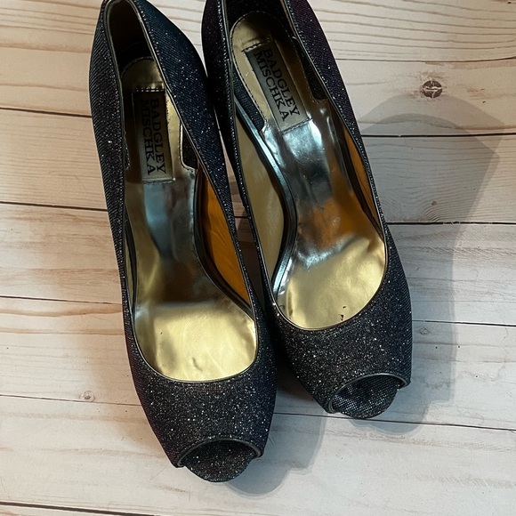 ❣️Badgley Mischka Humbie IV Purple Shimmer Sparkle Peep Toe Sz 9 High Heels - Picture 4 of 10